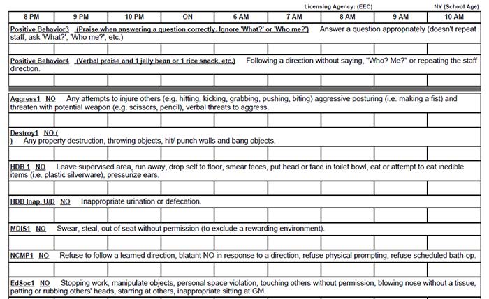 A sample list of behaviors, both appropriate/positive and inappropriate. This is from the daily recording packet that is used to track each student or client's behaviors, which will be entered into the database for ongoing charting of improvement. Each list contains behaviors specific to the student or client.